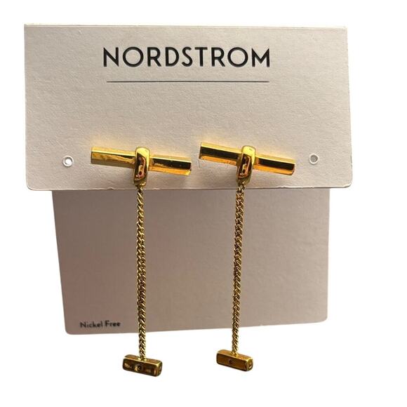 Nordstrom Gold Bar Drop Chain Earrings Minimalist Linear Dangle NWT - Picture 2 of 5